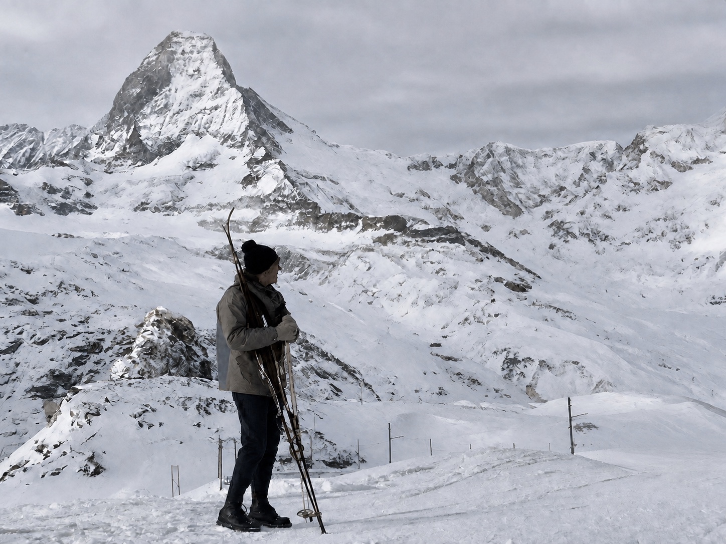 A skier looking toward a snow-covered mountain summit.